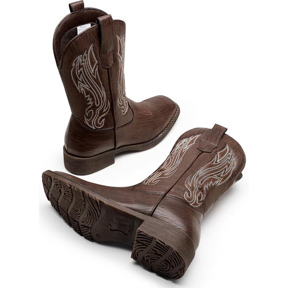 Jousen Mens Amy8420-darkbrown Embroidery Retro Square Toe Chunky Heeled Boots - Picture 3 of 8